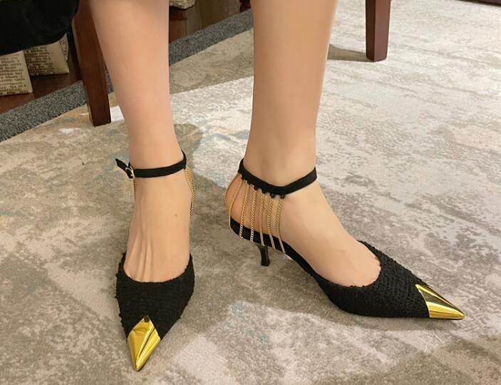 New style black tassel stiletto pointed toe sexy shoes