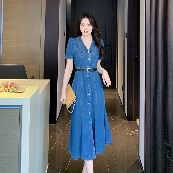 Korean style Retro Summer Pinched waist Long Fishtail dress