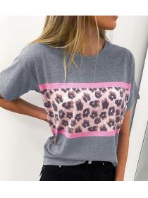 Outlet Round collar Leopard print Short sleeve T-shirt