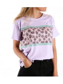 Outlet Round collar Leopard print Short sleeve T-shirt 