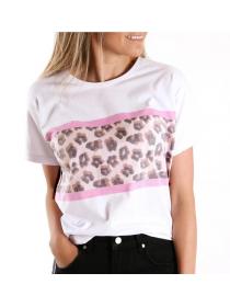 Outlet Round collar Leopard print Short sleeve T-shirt 