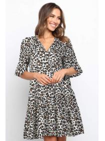 Outlet Fashion V collar Leopard print Short sleeve dress