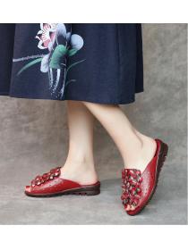 National style flowers middle-aged first layer cowhide slippers