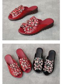 National style flowers middle-aged first layer cowhide slippers