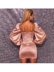 Outlet Hot style Tube Lantern sleeve Plain pink Dress #51
