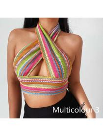 Outlet hot style Colorful print Sleeveless Knitted Criss Cross Halter Top 