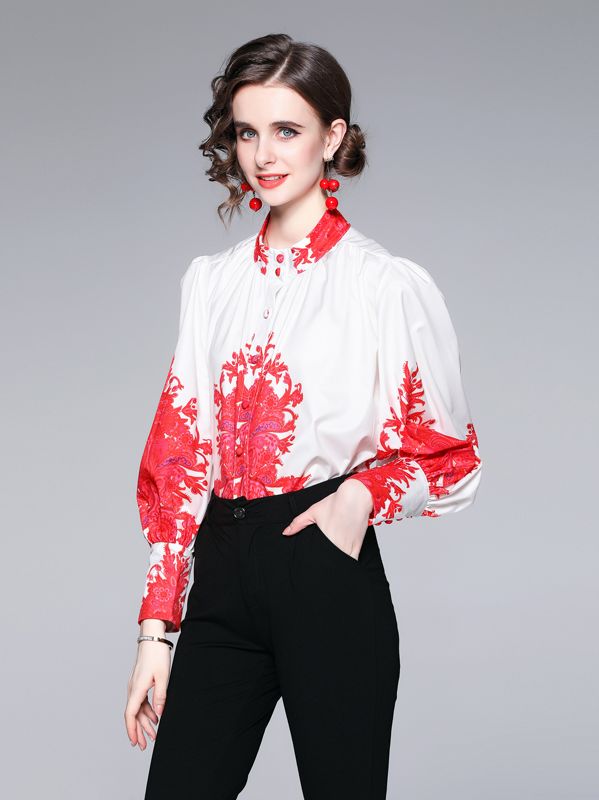 On Sale Nobel Stand Collars Puff Sleeve Blouse