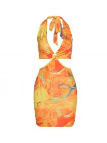 Outlet hot style Evening Party Multi-coloured print Sleeveless Halter Dress 