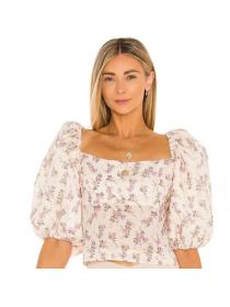 Outlet hot style Square Neckline Backless Floral Lantern Sleeve Top