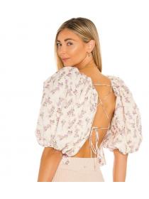Outlet hot style Square Neckline Backless Floral Lantern Sleeve Top