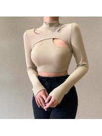 Outlet hot style Hollow High Neck Plain Long-sleeved T-shirt 