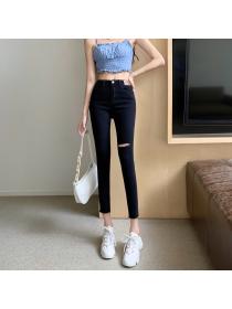 Outlet High waist elasticity jeans holes pencil pants for women