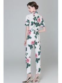 Vintage OL European Fashion Floral Short-sleeved Blouse+Matching Fashion Pants 