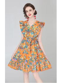 On Sale Vintage Fashion Printed V-neck Sleeveless Summer Dress 