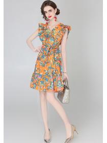 On Sale Vintage Fashion Printed V-neck Sleeveless Summer Dress 