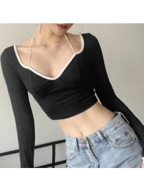 Outlet hot style Autumn Fashion Low Cut Long-sleeved  Crop Top 