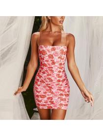 Outlet hot style Summer Floral Pleated Hip-full Straps Dress 
