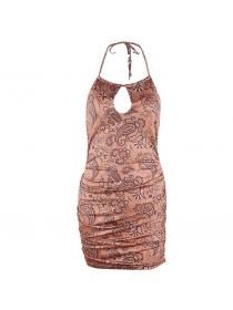 Outlet hot style Vintage Printed Hollow Backless Casual Dress 