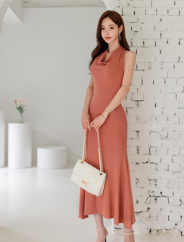 Korean Style Halter Drape Pure Color Dress