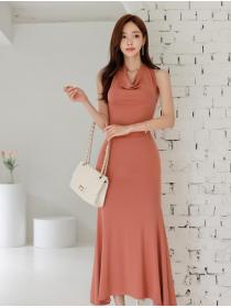 Korean Style Halter Drape Pure Color Dress 