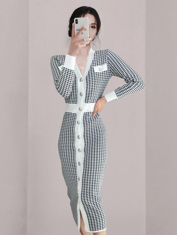 Korean Style V  Neck Grid Printing Slim Dress
