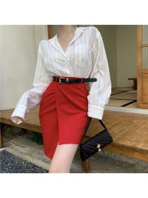 Outlet Retro slim belt stripe high waist skirt 2pcs set