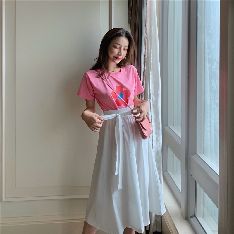 Outlet Cotton linen flowers T-shirt Korean style skirt