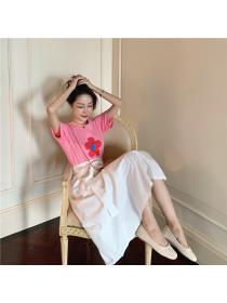 Outlet Cotton linen flowers T-shirt Korean style skirt