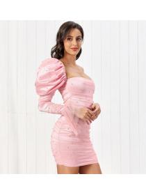 Outlet Hot style Single Shoulder Elegant Puff Sleeve Plain Dress 