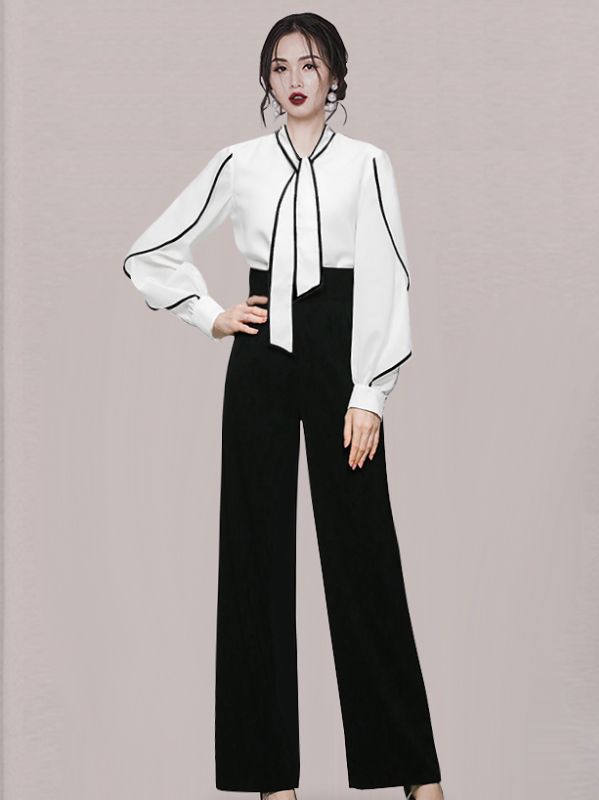 Korean Style Bowknot Fashion Top+Tall Waist Loose Pants