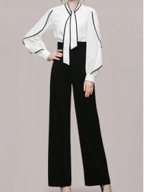 Korean Style Bowknot Fashion Top+Tall Waist Loose Pants 