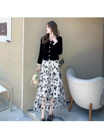 Velvet France style black autumn dress 2pcs set