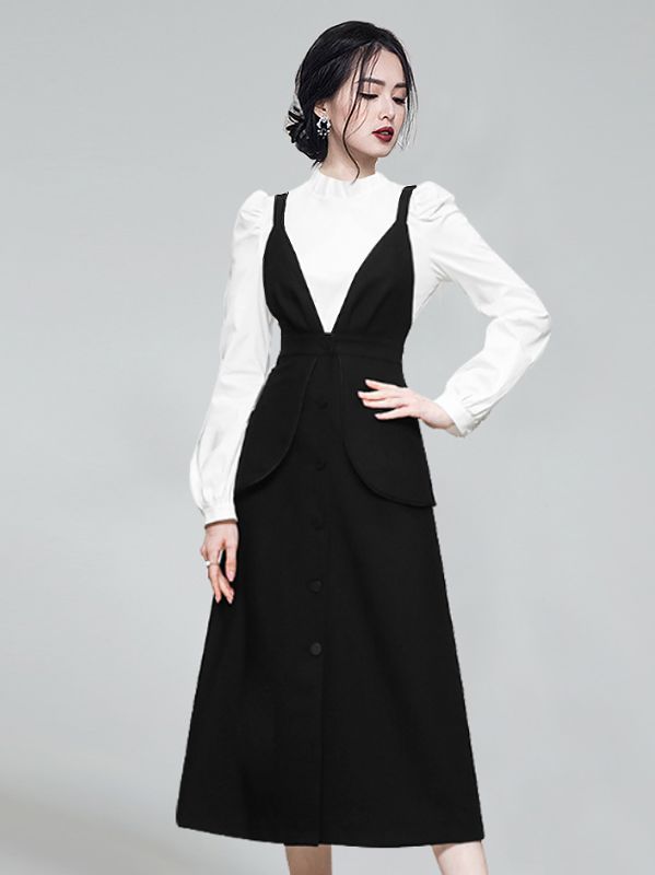 On Sale Stand Collars Top+Strap Fashion Show Waist Dress