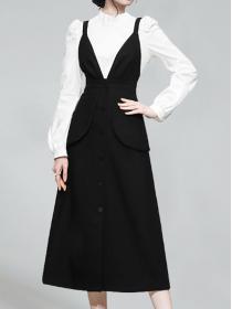 On Sale Stand Collars Top+Strap Fashion Show Waist Dress 
