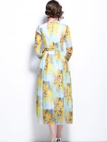 New Autumn Fashion Chiffon Floral Long-sleeved Dress 