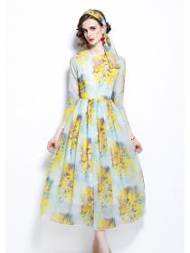 New Autumn Fashion Chiffon Floral Long-sleeved Dress 