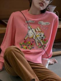 Autumn Fashion Round-neck Fleece Knitting Wool Embroideried Slim Long-sleeved Sweater 