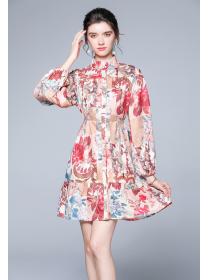 Outlet Retro splice pinched waist colors single-breasted dress