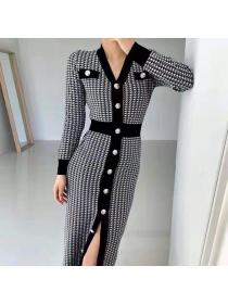 Outlet Houndstooth single-breasted autumn and winter long dress
