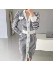 Outlet Houndstooth single-breasted autumn and winter long dress