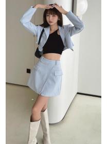 Outlet Fashion short coat light-blue short skirt 2pcs set for women
