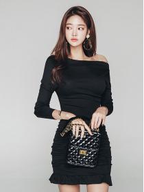 Korean Style Off Collars Sexy Drape Dress