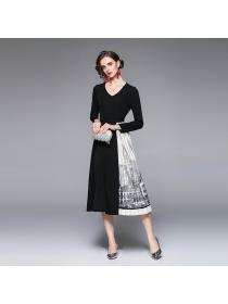 Outlet V-neck slim pleated long sleeve pinched waist dress for women