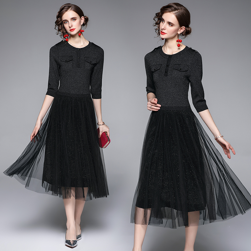 Outlet Autumn knitted middle-aged Pseudo-two Western style gauze dress