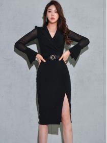 Korean Style V  Neck Open Fork Slim Dress 