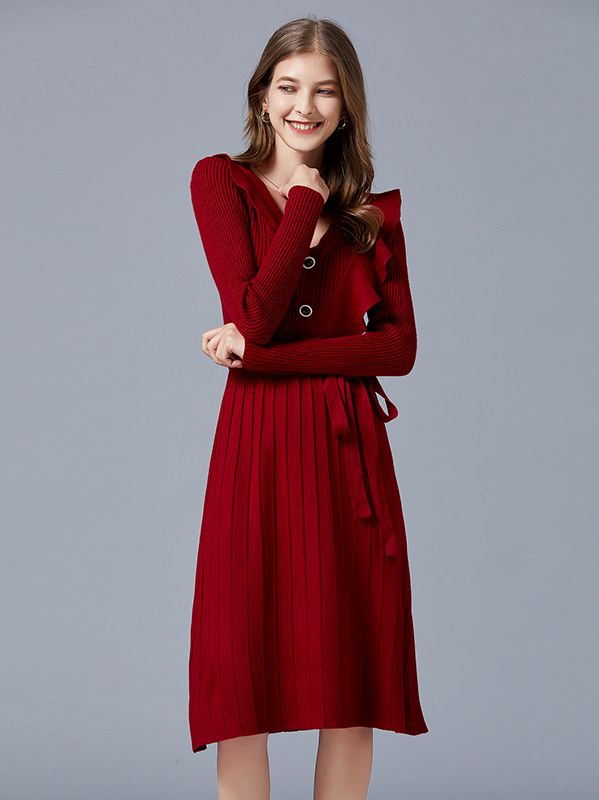 Korean Style V  Neck Knitting Lace Up Dress