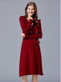 Korean Style V  Neck Knitting Lace Up Dress 