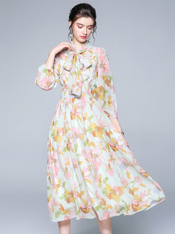 Bowknot Matching Chiffon Flower Fashion Dress