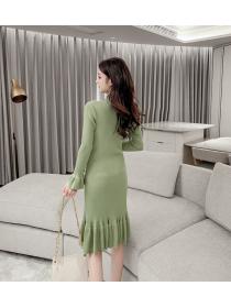 Outlet Knitted all-match long dress long sleeve slim dress