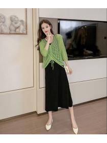 Outlet Long hollow autumn dress knitted all-match smock 2pcs set
